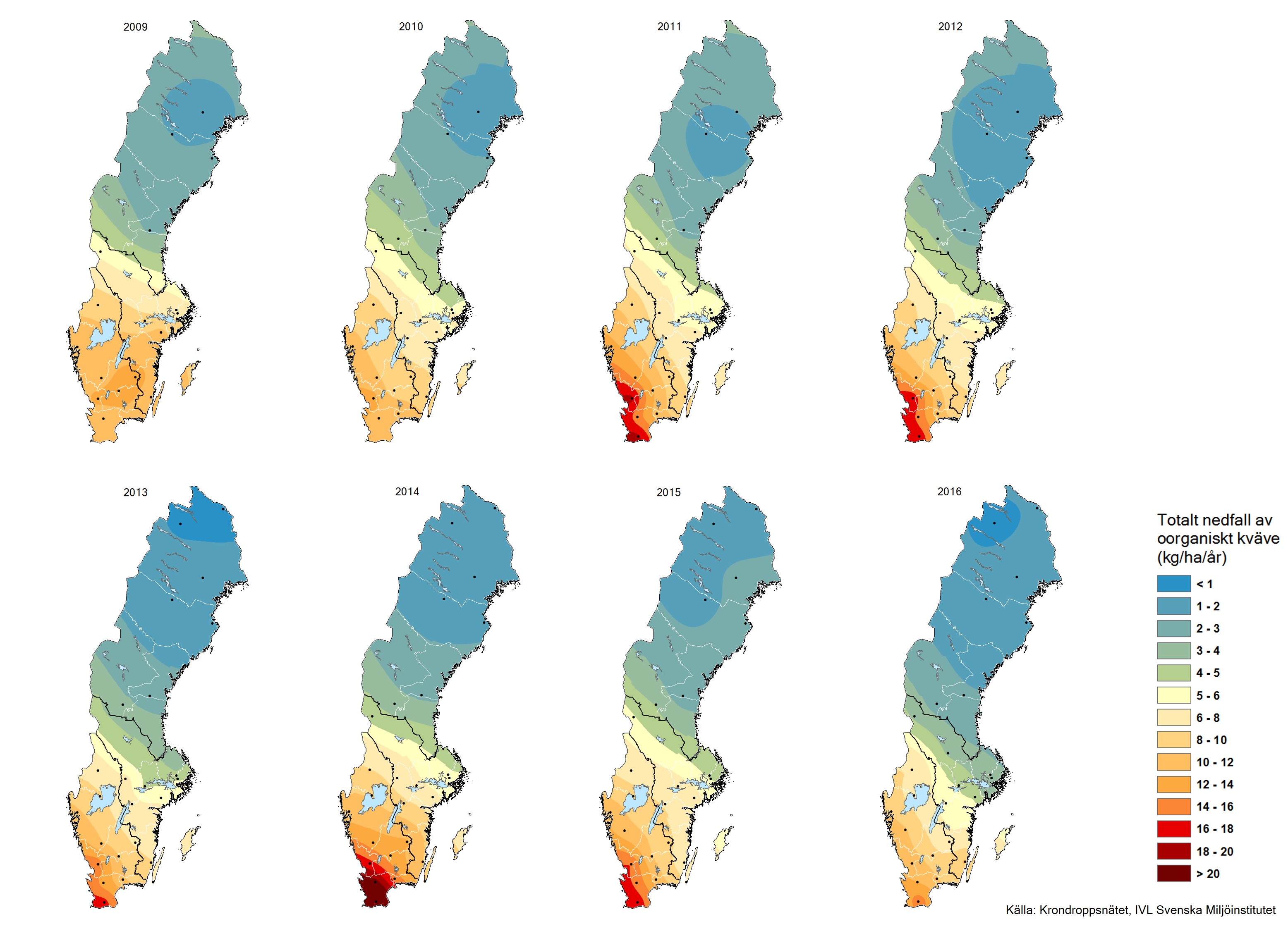 Totalt nedfall av oorganiskt kväve till barrskog 2009-2016